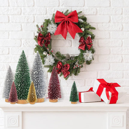 Whaline 16Pcs Artificial Mini Christmas Tree Snow Frosted Trees Red Green Gold Silver Bottle Brush Tree Desktop Mini Pine Tree with Wood Base for Christmas Home Office Tabletop Crafts, 3 Sizes
