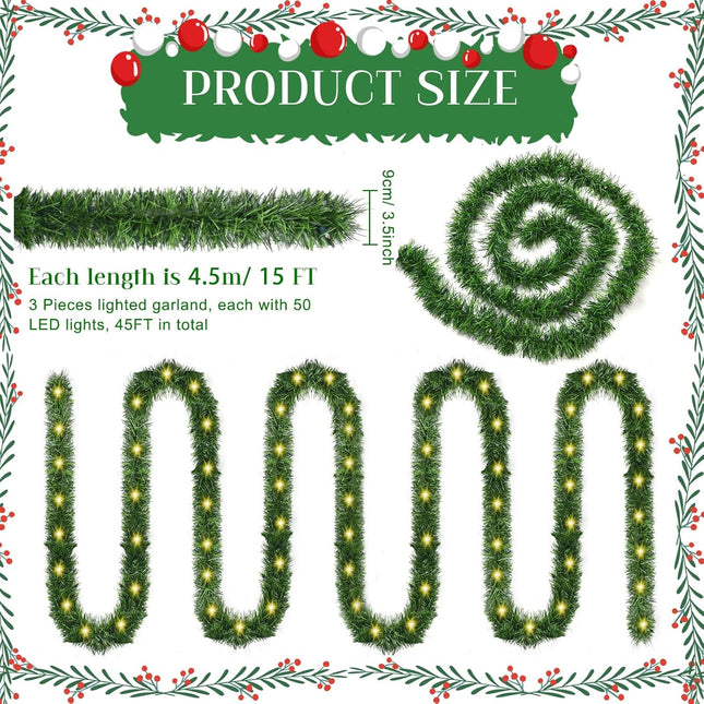 Timoo 45FT Green Garland Christmas Garland 3Pack Christmas Tree Garland Christmas Greenery Garland with 150 Incandescent Pine Garland Christmas Garland for Tree Indoor Outdoor Christmas Garland Decor