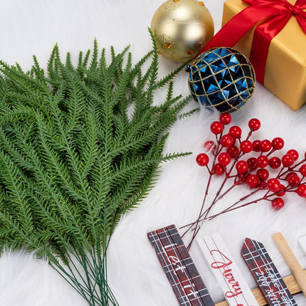 XIFAN 60 Pcs Christmas Norfolk Pine Branches and Red Berry Stems, 14'' Artificial Pine Picks, Faux Greenery for DIY Crafts, Indoor/Outdoor Garland, Wreath, and Home Decoration