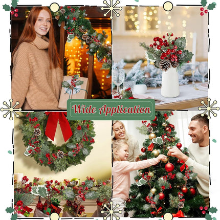 Cekene 12PC Artificial Christmas Pine Picks Branches Assorted Christmas Red Berry Picks with Pine Cones Faux Holly Stems Branches Holiday Floral Picks for Christmas Decoration Wreath Garland DIY