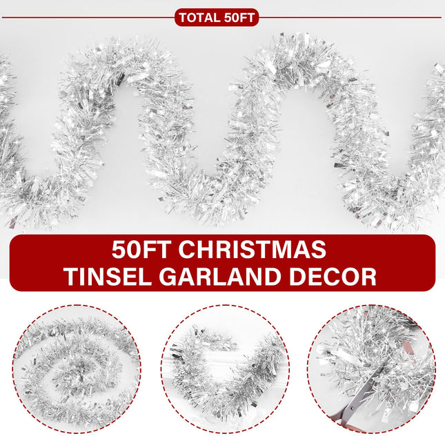 50 Ft Silver Tinsel Garlands Christmas Tree Decorations, Thick Thin Metallic Streamers Xmas Christmas Tinsel Garland Silver Garland,Garland for Indoor&Outdoor Decor (Silver)