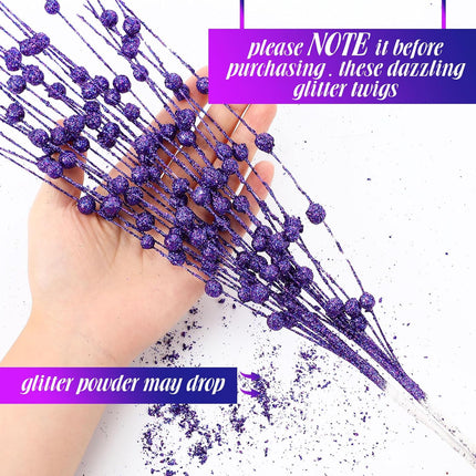 Geosar 30 Pcs Christmas Artificial Glitter Berry Stem Decorations Bead Sticks Pick 17 Inch Xmas Ornaments Glittery Twigs for Christmas Tree Halloween Wreath Vase Filler Home Decor(Purple)