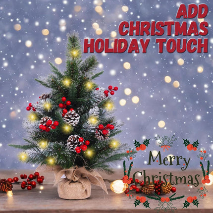 Small Christmas Tree with Lights 2 ft Tabletop Christmas Tree with 45 Warm White Lights (8 Modes), 6 Pinecones & Berries Set, 53 Tips (Thin Silver Glitter) Fluffy and Realistic Add Holiday Touch