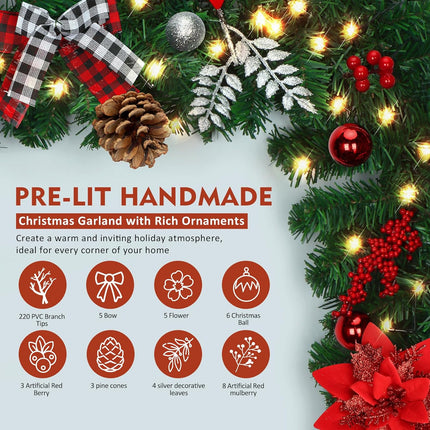 DOIOWN Christmas Garland,9Ft Prelit Christmas Garland with Lights,100 LED Christmas Decorations Garland with Berries,Bows,Pine Cones,Flowers for Stairs Indoor Outdoor Decor Battery Operated