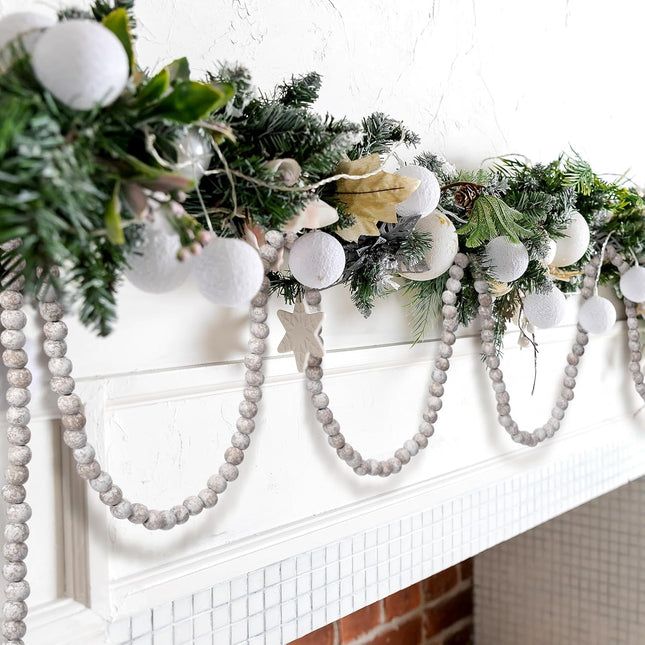 Libima 26 Feet Christmas Wooden Bead Garland Christmas Tree Decorations Rustic Farmhouse Bead Garland Bead Garland Boho Vintage Garland for Xmas Tree Holiday Decorations (Wood Color)