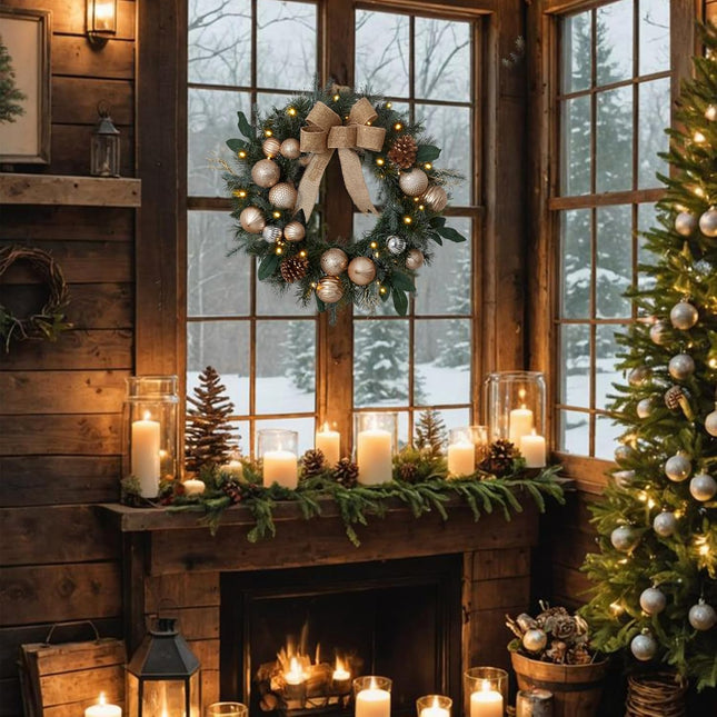 Pre Lit Wreaths 24 in Outdoor Christmas Wreaths Decor for Front Door, Gold Christmas Wreath with 50 LED Lights&Golden Bow& Balls, Christmas Door and Porch Decor Lit Holiday Wreath