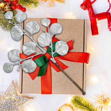 6 Pieces Silver Christmas Tree Picks and Sprays 16.9" Christmas Glitter Eucalyptus Leaves Stems for Christmas Tree Filler Wreath Swag Floral Arrangment Table Centerpieces Decoration