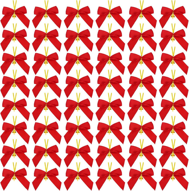 Hotop 48 Pcs Christmas Bows with Bells 3.5 Inch Gold Red Bows Christmas Decorations Twist Tie Small Premade Bows for Christmas Wreaths for Decorative Tree Hanging Ornaments Xmas Holiday Decor Crafts