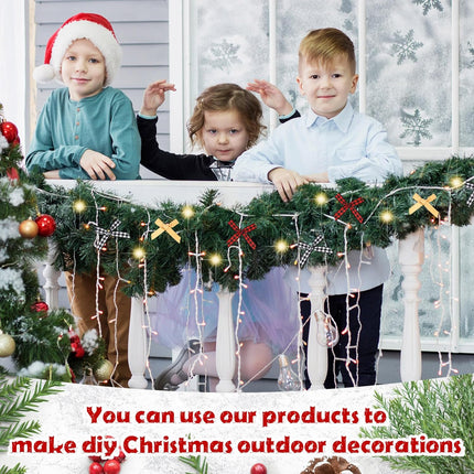 301ft Christmas Garland 17 Artificial Garland Soft Greenery Garland 300 Buffalo Bows and 8 LED Lights with 2 Rope Green Prelit Garland for Xmas Mantel Stair Fireplace Decor
