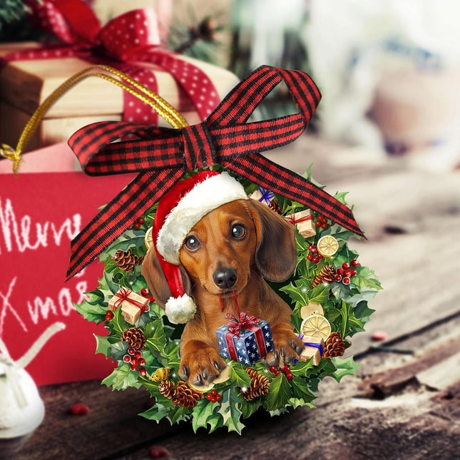 Talataca Dachshund Wearing A Hat Wreath Doxie Dog Lover 2D Flat Christmas Tree Wood Ornament Decor Wooden Hanging Decoration House Present Xmas Eve Keepsake Decorative