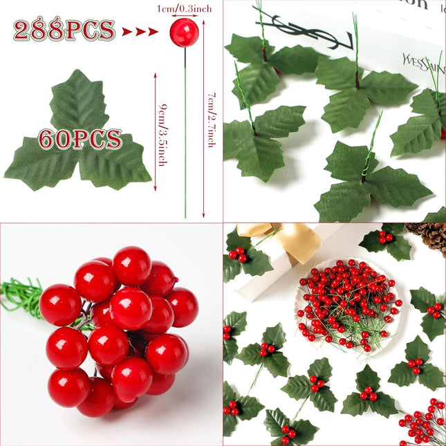 Lyrow 288 Pcs Christmas Artificial Holly Berry Stems with 60 Pcs Holly Leaves Red Holly Berries Picks Fake Berry Branches for Christmas Tree DIY Garland Home Wreath Craft Holiday Party Ornaments
