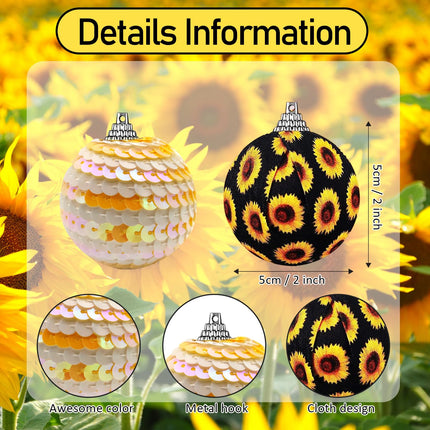 Sunflower Christmas Decorations, 12Packs Black and Yellow Sunflower Ornaments Christmas Tree Topper, Xmas Sequin Balls Thanks Giving Hanging Glitter Wedding Daisy Party Home Office Decor