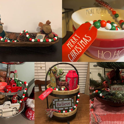 Christmas Wood Bead Garland with Tassels, Rustic Farmhouse Tiered Tray Holiday Decorations, Red and White Wooden Bead with Jute Rope Plaid Tassel, Country Xmas Home Decor (Xmas Red & Green & White)