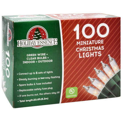 Holiday Essence Clear Christmas Lights Green Wire, 100 Incandescent Mini String Lights Set for Indoor Outdoor Holiday Lighting Decoration, Christmas Tree Lights, Static Flashing UL