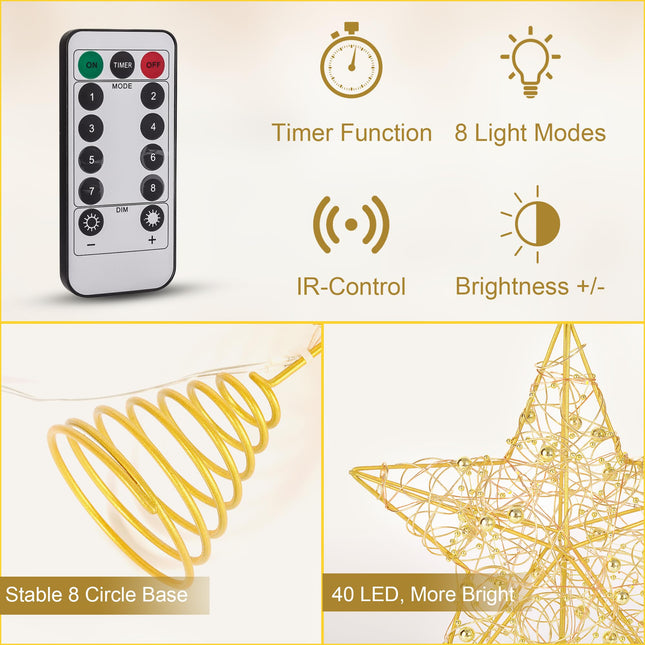Verdenu Christmas Tree Topper, 40 Light Tree Topper Star, Christmas Tree Topper Lighted, Prolong Wire Gold Star Tree Topper with Remote Control for Christmas Decorations, Holiday, Vacation, Year