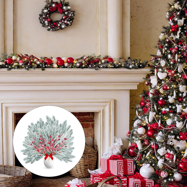 Christmas Greenery Stems 50PCS, Snowy Artificial Pine Stems Frosted Red Berry Stems 10.6" Faux Greenery Pine Branches Christmas Picks for DIY Christmas Garland Wreath Cedar Garland Home Dector (Snowy)