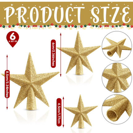 Hiboom 6 Pcs Christmas Tree Star Topper Mini Lightweight Small Glitter Xmas Tree Topper Christmas Tree Decoration for Christmas Tree Ornaments Holiday Indoor and Outdoor Treetop Decoration (Golden)