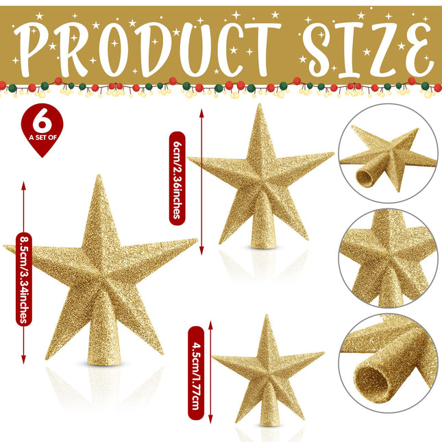 Hiboom 6 Pcs Christmas Tree Star Topper Mini Lightweight Small Glitter Xmas Tree Topper Christmas Tree Decoration for Christmas Tree Ornaments Holiday Indoor and Outdoor Treetop Decoration (Golden)