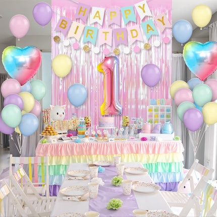 1st Birthday Decorations Rainbow,Gradient Number 1 Balloon,Pastel Happy Birthday Banner Fringe Curtain Heart Foil Balloons Boys Girls First Birthday Decor