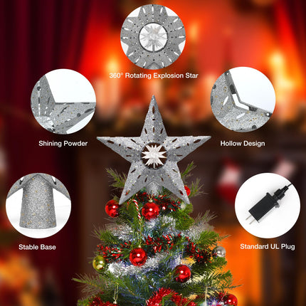 Christmas Tree Topper Lighted Star, Christmas Tree Decorations Topper LED Projection Light, 3D Glitter Dynamic Projection for Xmas Party Holiday Decorations (Silver)