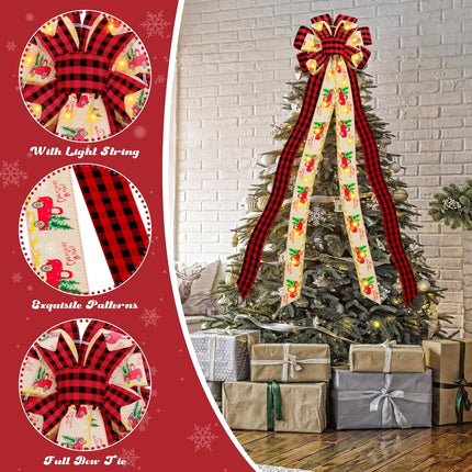 Christmas Tree Topper Wreath Bow with Light String, Red Black Plaid Christmas Tree Decorations Bow for Xmas Ornament Decoration 56x13 Inches, Christmas Handmade Rustic Farmhouse Home Decor