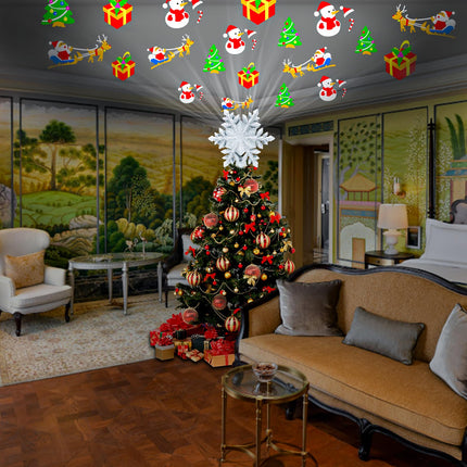 Christmas Tree Topper Projector Light with 6 Patterns, Snowflake Christmas Tree Topper with Built-in LED Projector Lights, Dynamic Projection for Christmas Tree Decorations, Holiday Decoration