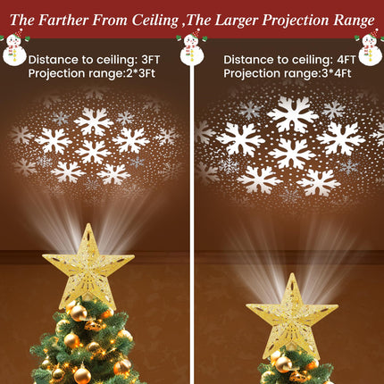 Christmas Tree Topper Lighted with 6 Pattern Projection Modes, Christmas Star Tree Topper Built-in LED Rotating Lights, 3D Glitter Dynamic Projection for Christmas Tree Decor(Gold)