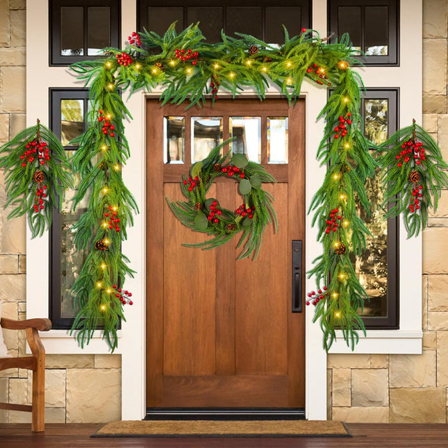 Christmas Garland with Lights Artificial - 4PCS Norfolk Pine Garlands Set, 2 Real Touch Christmas Teardrop Swag 1 Christmas Wreath for Mantle, Table, Indoor, Porch Christmas Decorations