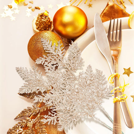 Cindeer 100 Pcs Christmas Tree Picks Sprays 10.24 Inch Glitter Artificial Pine Leaves Cedar stem Faux Pine Needles Greenery Cedar Branches Ornament for Home Garland Wreath Winter Decor(Champagne Gold)