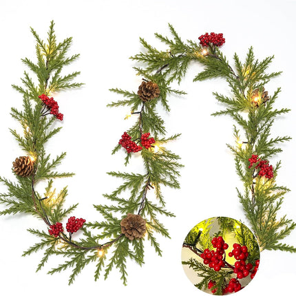 RECUTMS 6.5Ft Christmas Garland Decorations with Lights Artificial Red Berries and Pinecones Xmas Decorations for Home Wall Decor （Red Berries）