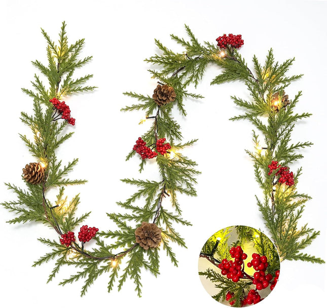 RECUTMS 6.5Ft Christmas Garland Decorations with Lights Artificial Red Berries and Pinecones Xmas Decorations for Home Wall Decor （Red Berries）