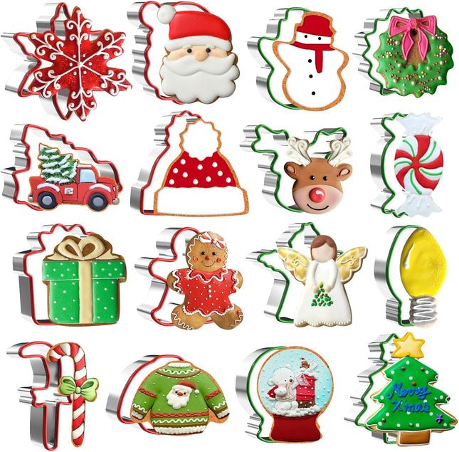 16 Pcs Christmas Cookie Cutters Set with Comfort Grip, 2.5" Stainless Steel Holiday Cookie Cutters for Baking Christmas Shapes, Christmas Candy, Car, Wreaths, Snowman, Xmas Party Supply Baking s