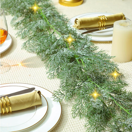 2 Pcs 5.84 Ft LED Artificial Frosted Pine Garland Glitter Frosted Cedar Garland Christmas Faux Cypress Pine Garland Winter Greenery Garland for Table Mantel Holiday Decorations
