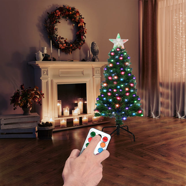 Holiday Essence Prelit Artificial Christmas Tree, 4 Foot Pine Xmas Tree with Multi Function Changing LED Multi Colored Lights and Star Tree Topper with Remote, 120 Full Tips, Metal Stand