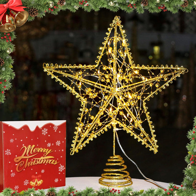 Christmas Tree Topper Light, 3D Hollow Pentagram with 20 LED Lights, Glittered Gold Bead Star Christmas Tree Decor, Xmas Star Light for Holiday Party Home Indoor Decor Christmas Ornaments (Gold)