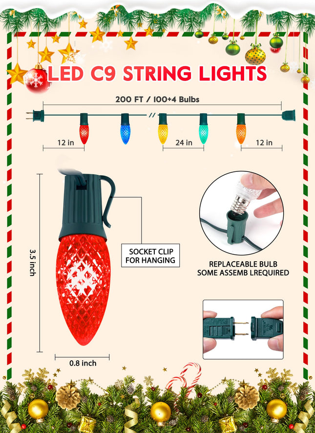 Brightown Outdoor Christmas Lights, 200 Ft C9 LED Commercial String Lights with Multicolor Strawberry C9 Bulbs, Waterproof Connectable UL C9 Lights for Indoor Yard Xmas Tree House Decor