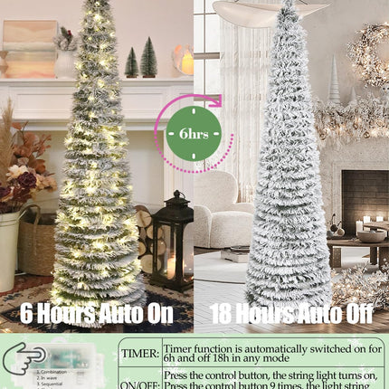 HMASYO 5 FT Pop Up Snow Flocked Christmas Tree with Timer Lights, Collapsible White Pine Pencil Christmas Tree, Artificial Slim Xmas Tree Holiday Decoration for Home, Office, Party, Easy Assembly