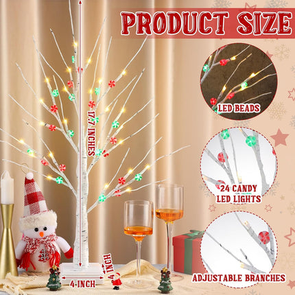 Ceenna Christmas Decor 17.7 Inches Lighted Birch Tree with 48 LED Lights, White Birch Tree with Battery Powered Timer, Tabletop Mini Artificial Tree for Winter Xmas Party Decor Home(Candy Style)