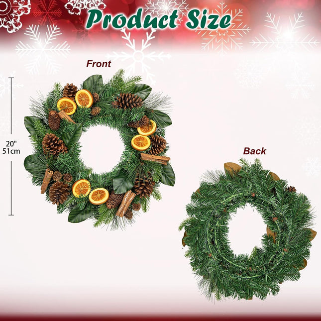 Briful 20inch Christmas Wreath for Doors, Artificial Christmas Wreath with Pine Cones Orange Slices Cinnamon Sticks for Xmas Farmhouse Wall Kitchen Room Table Indoor Outdoor Porch Decoration