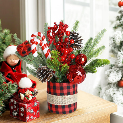 Small Tabletop Christmas Tree Artificial Mini Christmas Tree Decorations with Pine Cones Red Berries Desk Christmas Trees Buffalo Plaid Christmas Table Centerpieces for Xmas Office Home Decor