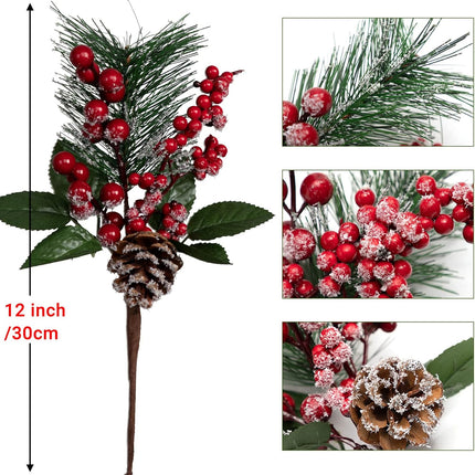 Artificial Christmas Picks, 12 PCS 12" Pine Branches Red Berry Twig Stems Pinecones Holly Snow Flocked Spray Flowers for Christmas Tree Wreath Floral Arrangement Winter Holiday Season Décor
