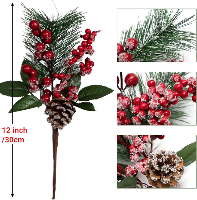 Artificial Christmas Picks, 12 PCS 12" Pine Branches Red Berry Twig Stems Pinecones Holly Snow Flocked Spray Flowers for Christmas Tree Wreath Floral Arrangement Winter Holiday Season Décor
