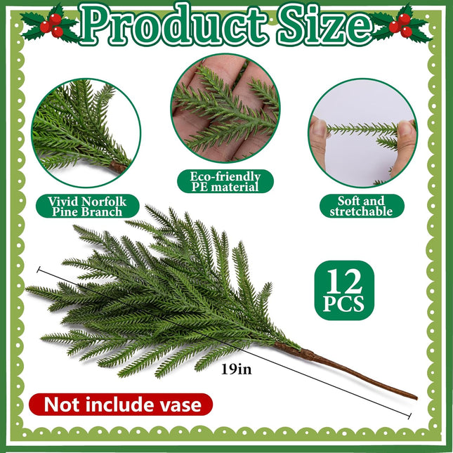 15 Pcs Christmas Norfolk Pine Branches with Red Berry Stems- 19" Extra Long Fake Greenery Norfolk Pine Stems Sprigs- Artificial Xmas Branches Plants Pine Leaves for DIY Craft Garland Home Decor
