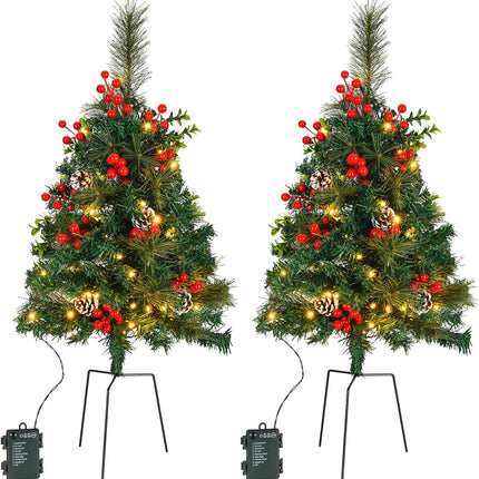 2 Pack 30 Inch Pre-Lit Pathway Christmas Trees, Artificial Christmas Tree Decorations with 50 LED Lights for Porch, Driveway, Yard, Garden, Battery Operated Holiday Decor with Red Berries, Pine Cones