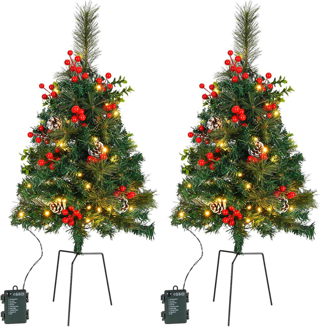 2 Pack 30 Inch Pre-Lit Pathway Christmas Trees, Artificial Christmas Tree Decorations with 50 LED Lights for Porch, Driveway, Yard, Garden, Battery Operated Holiday Decor with Red Berries, Pine Cones