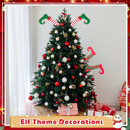 Thyle 4 Pcs Large Christmas Elf Legs Tree Ornaments 15 Inch Wood Stripe Elf Legs Wooden Elf Legs Christmas Topper Decorations Double Printed Xmas Tree Elf Feet Decorations for Holiday Party