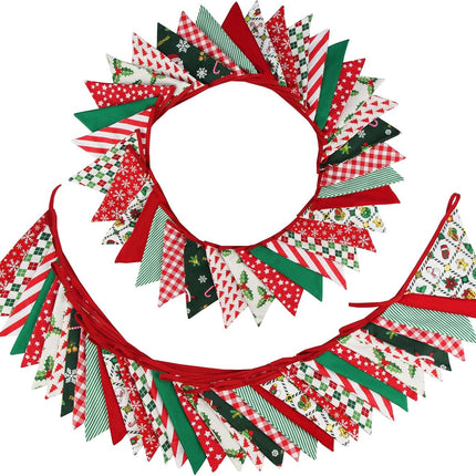 Zwiebeco 32Ft Christmas Pennant Banner Fabric Triangle Flags Garland Red Green White Cotton Bunting Banner for Xmas Party Birthday Wedding Christmas Year Fireplace Home Garden Outdoor Decorations