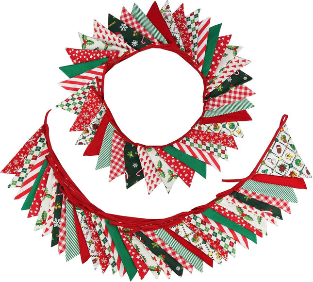 Zwiebeco 32Ft Christmas Pennant Banner Fabric Triangle Flags Garland Red Green White Cotton Bunting Banner for Xmas Party Birthday Wedding Christmas Year Fireplace Home Garden Outdoor Decorations