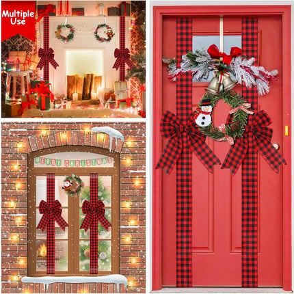 Ysleen 6 Pcs Christmas Cabinet Ribbon Bows Festive Large Xmas Bows and 4 Pcs Christmas Pine Wreath with Snowman Santa Claus Artificial Christmas Front Door Wreath for Christmas Party (Black and Red)