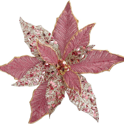 Briful 12'' Large Heads Christmas Glitter Poinsettia Flowers Christmas Tree Ornaments Set of 4 Artificial Flowers with Long Stems for Xmas Tree Party DIY Holiday Decorations, Pink